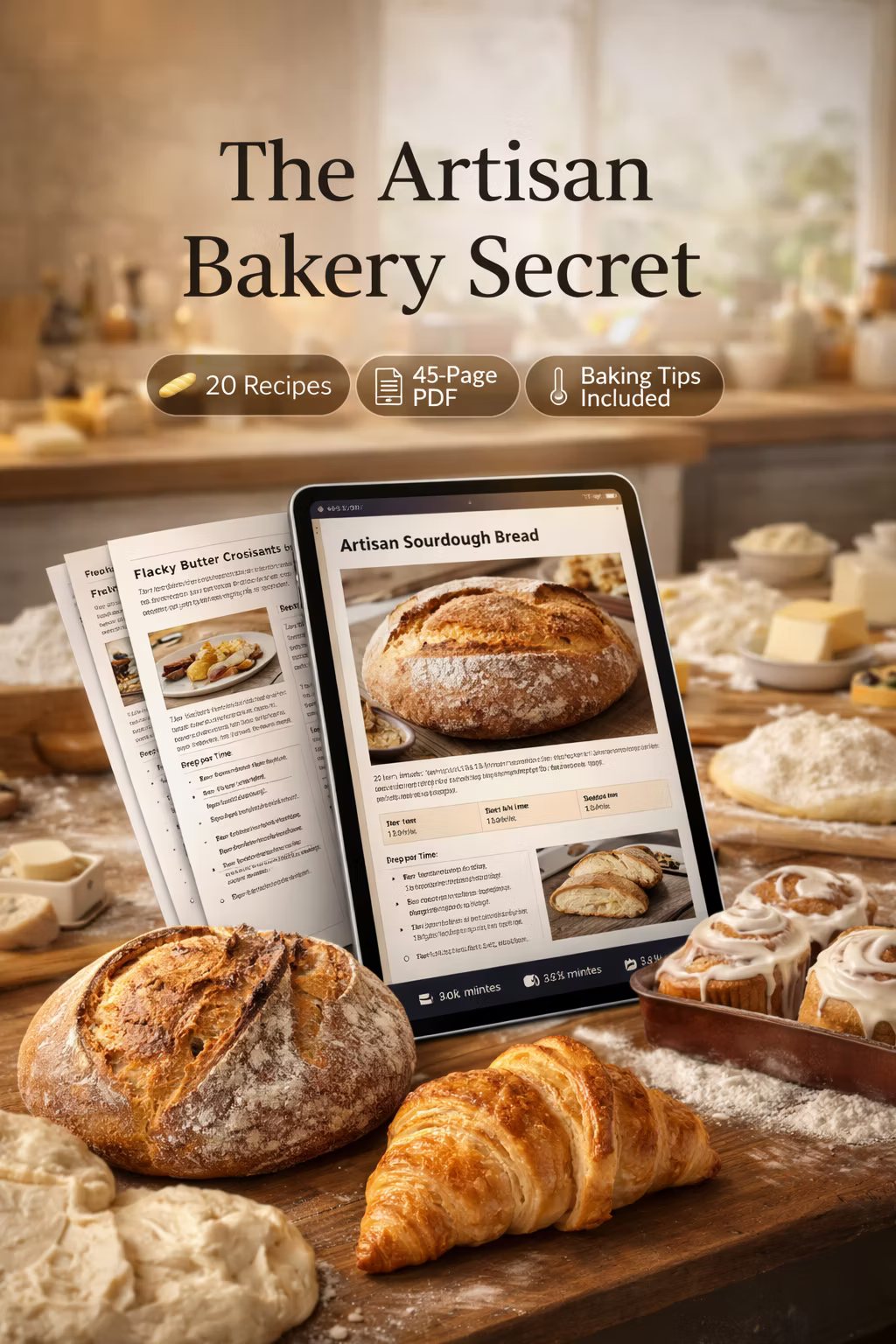 Artisan bakery cookbook cover - 20 sourdough and bread recipes PDF