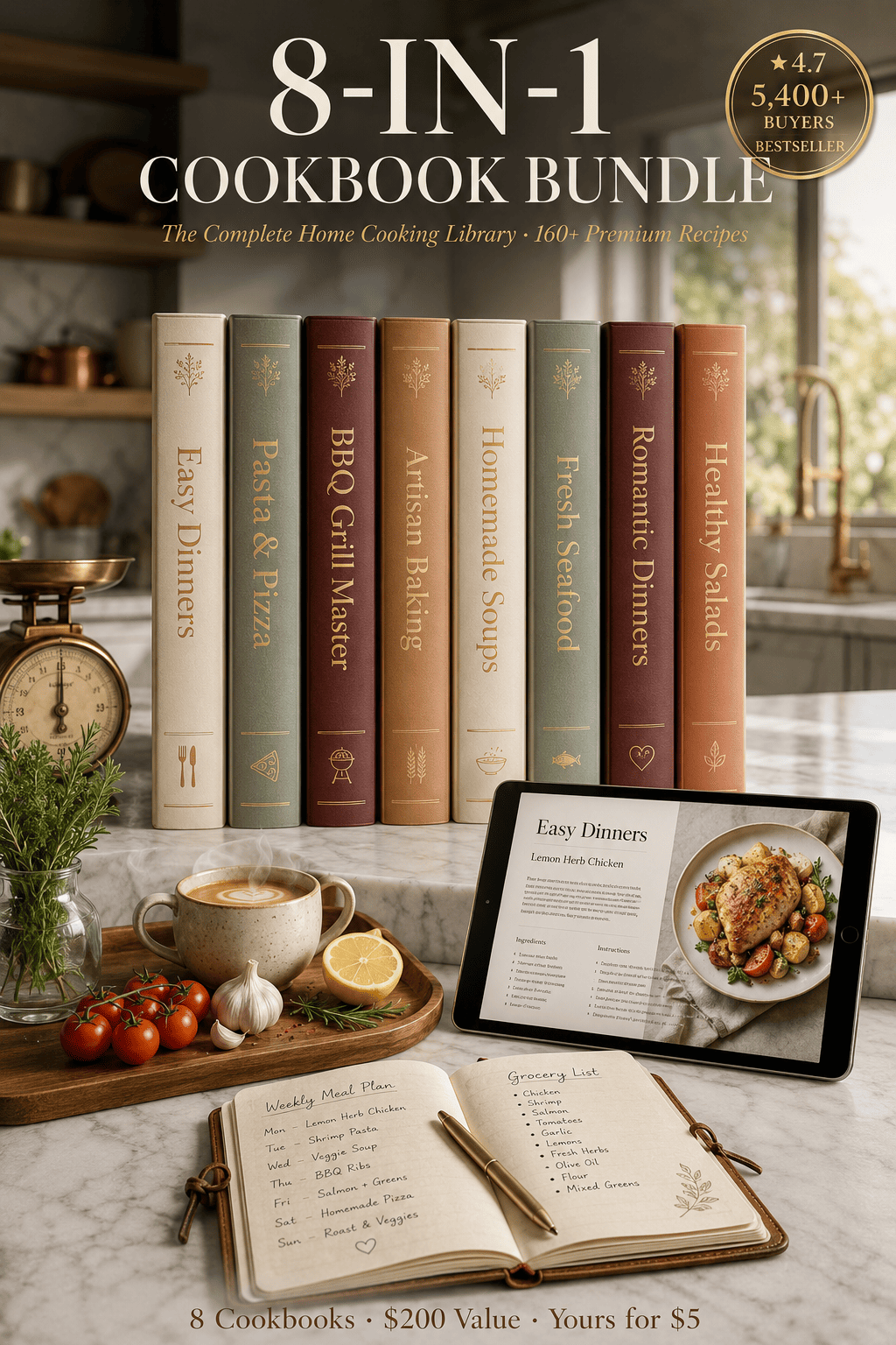 Ultimate Digital Cookbook Bundle: 160+ Easy Recipes —  Pasta, Pizza, BBQ & More PDF