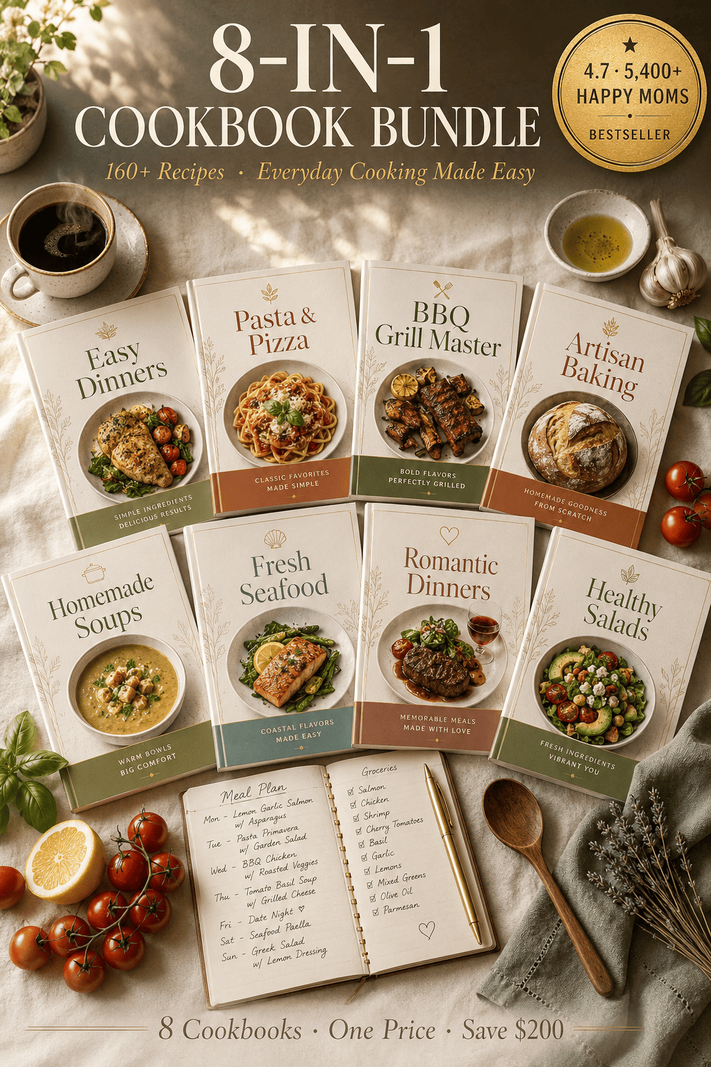 8-in-1 digital cookbook bundle cover - 160 easy recipes PDF
